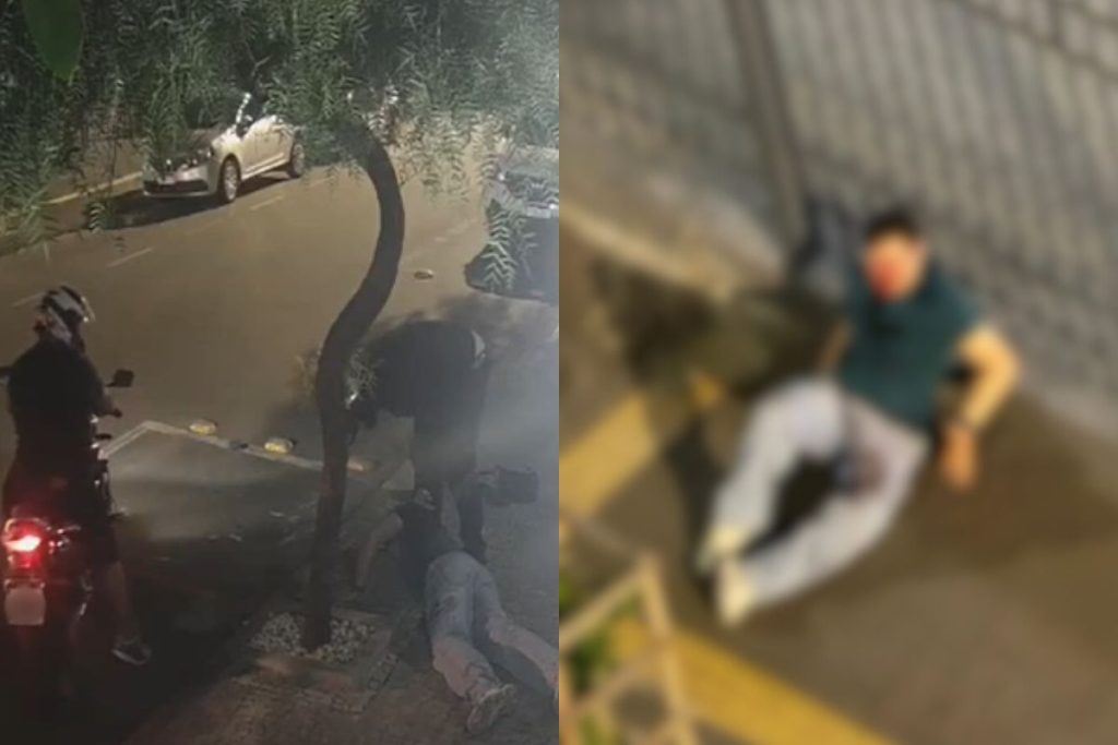 Imagens mostram o exato momento em que homem é brutalmente agredido por motociclistas em Goiânia