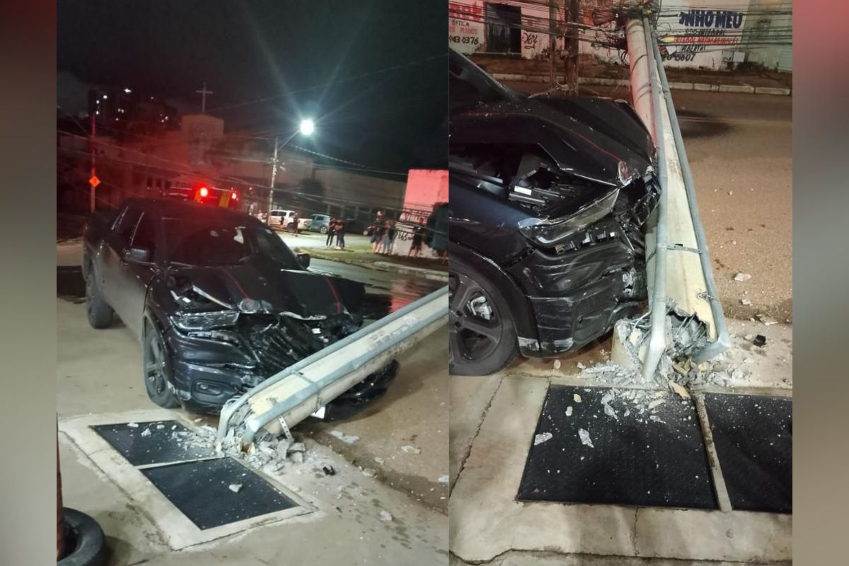 Caminhonete derruba dois postes e causa transtornos na Avenida Jamel Cecílio, em Anápolis