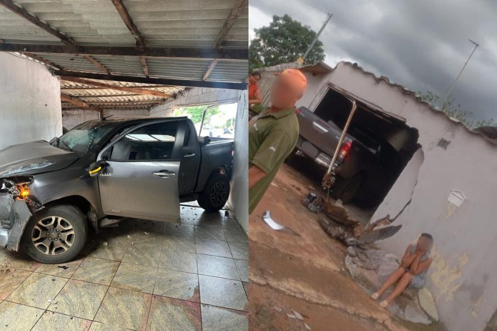 Caminhonete ainda colidiu contra muro e portão de uma residência, provocando danos materiais ao imóvel