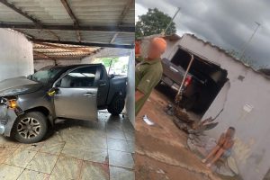 Caminhonete ainda colidiu contra muro e portão de uma residência, provocando danos materiais ao imóvel