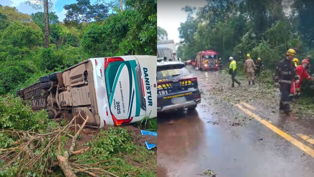 Ônibus que transportava mais de 30 passageiros ficou tombado sobre o acostamento.