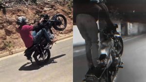 Jovens foram flagrados "dando o grau" e ficando em pé sobre motocicletas empinadas.