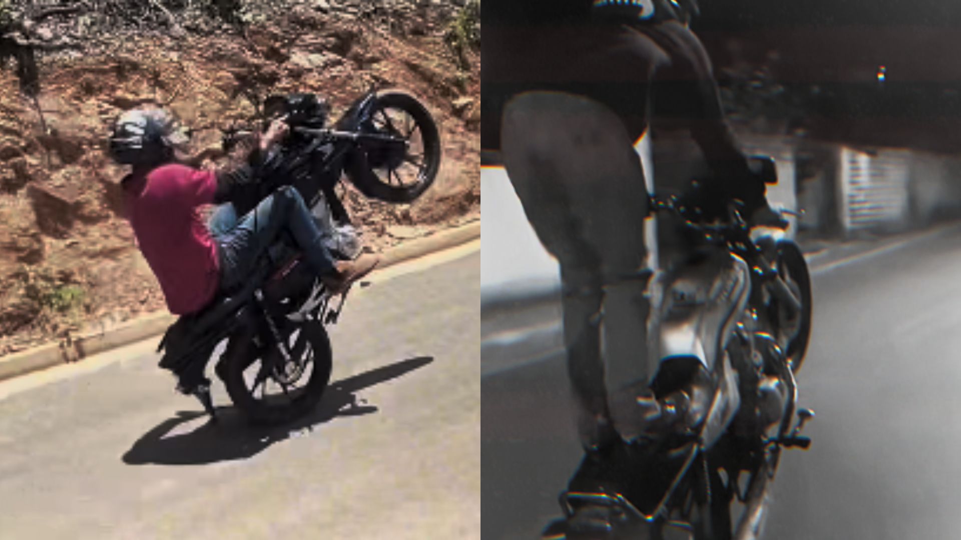 Jovens foram flagrados "dando o grau" e ficando em pé sobre motocicletas empinadas.