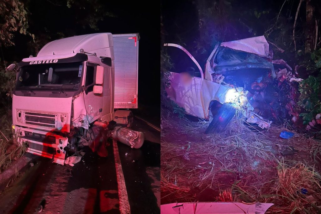 Batida entre carro e caminhão deixa uma pessoa morta e presa às ferragens em Goiás