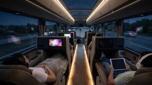 Ônibus classe executiva com poltronas leito cama, iluminação interna moderna e estrutura premium para viagens rodoviárias de longa distância no Brasil