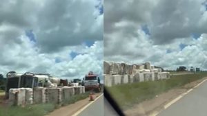 Carreta tombou na BR-060 entre Anápolis e Goiânia