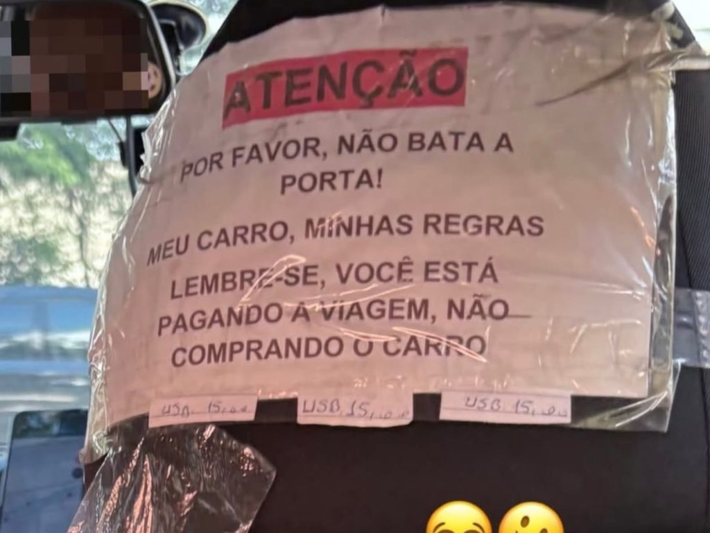 Motorista por aplicativo coloca placa no banco com aviso direto para os passageiros: “meu carro, minhas regras”