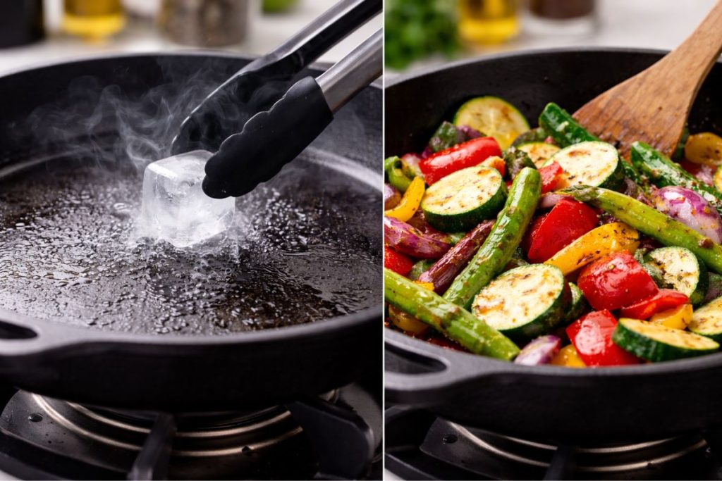 Cubo de gelo na frigideira quente