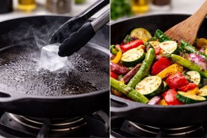 Cubo de gelo na frigideira quente