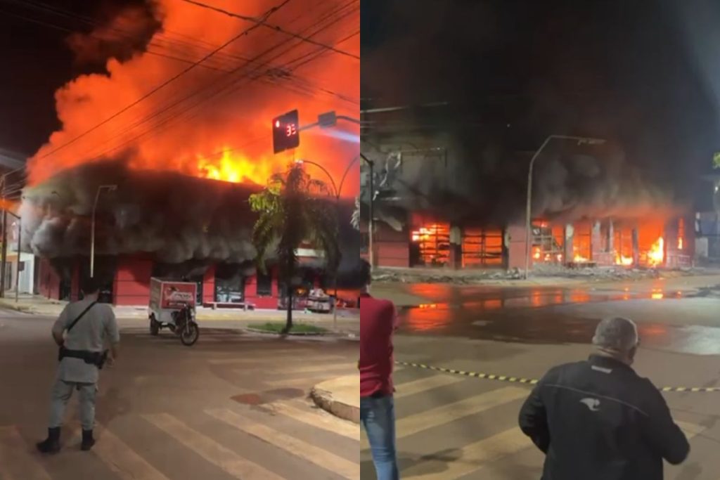 Vídeo: incêndio de grandes proporções atinge supermercado em município no interior de Goiás