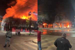 Vídeo: incêndio de grandes proporções atinge supermercado em município no interior de Goiás