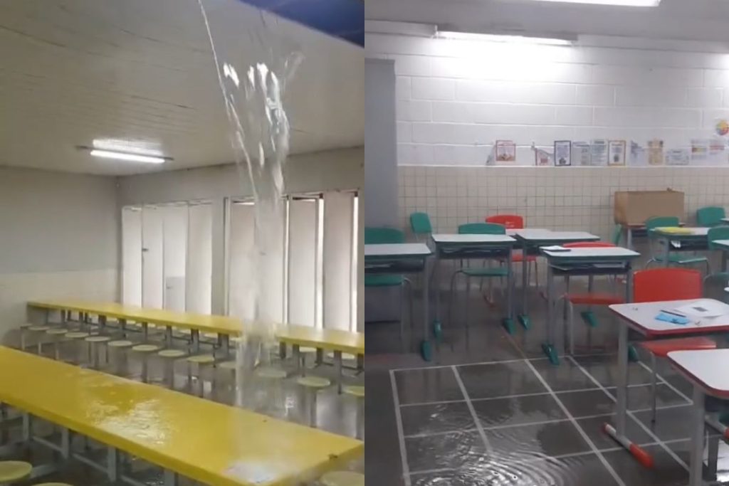 Temporal provoca “cascata” dentro de escola municipal em Anápolis
