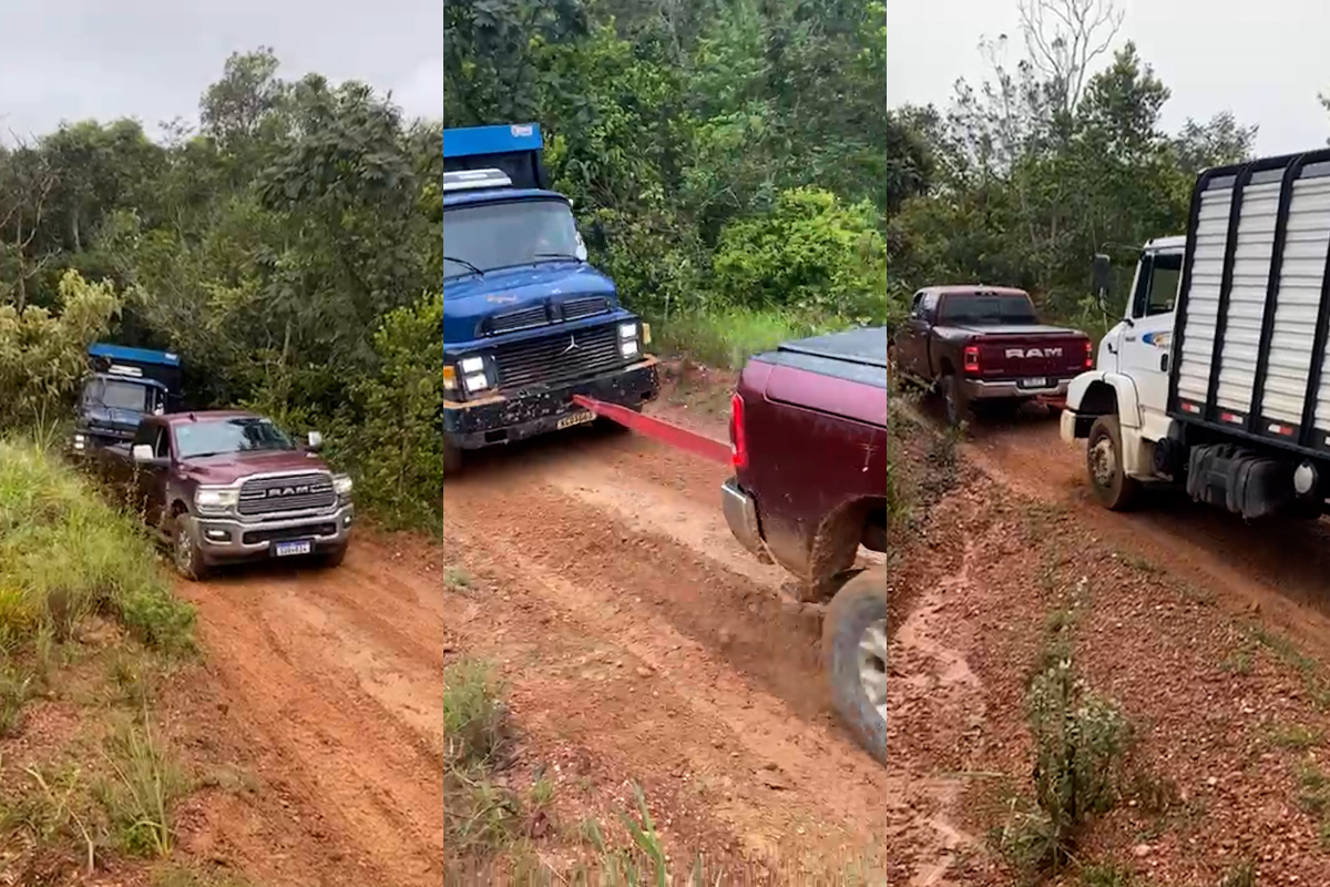 Vídeo mostra força de Dodge RAM puxando caminhão em estrada com muita lama