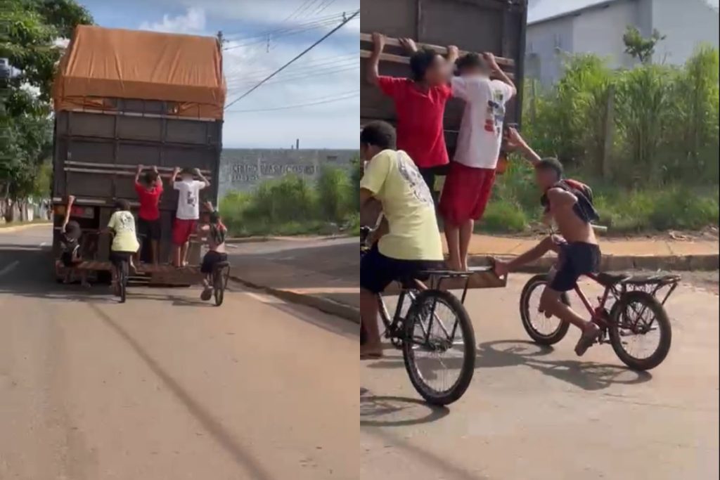 Vídeo mostra adolescentes pegando rabeira em caminhão na Avenida Pedro Ludovico, em Anápolis