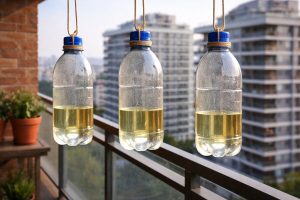 Pendurar garrafas com água e vinagre na varanda