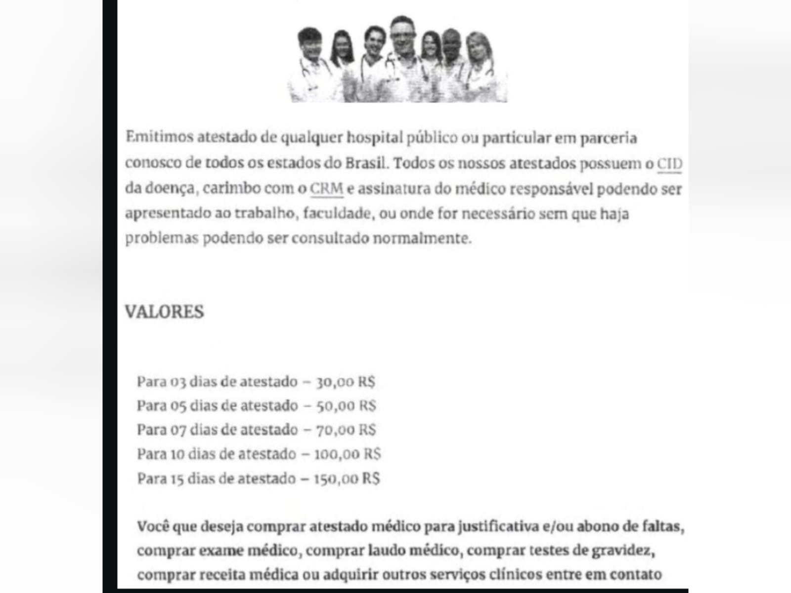 Tabela com valores dos atestados. (Foto: Divulgação)