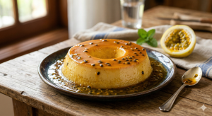 Despejar maracujá sobre bolachas cria uma base surpreendente que intensifica o sabor e revoluciona o pudim tradicional