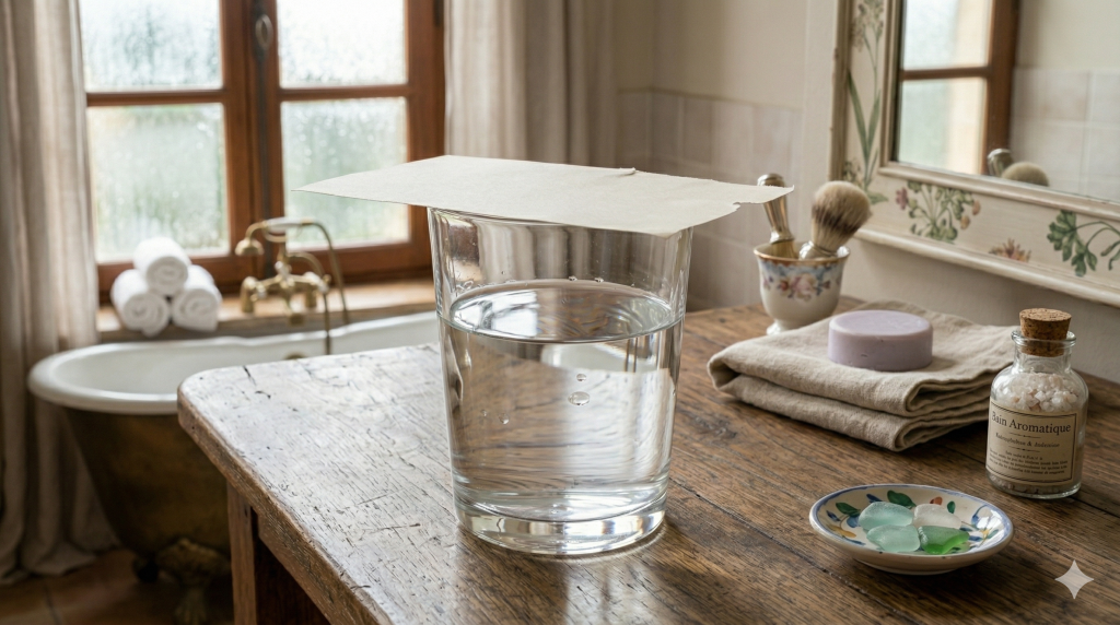 Colocar um copo e um pedaço de papel na pia ajuda a garantir que tudo fique sob controle ao sair de casa