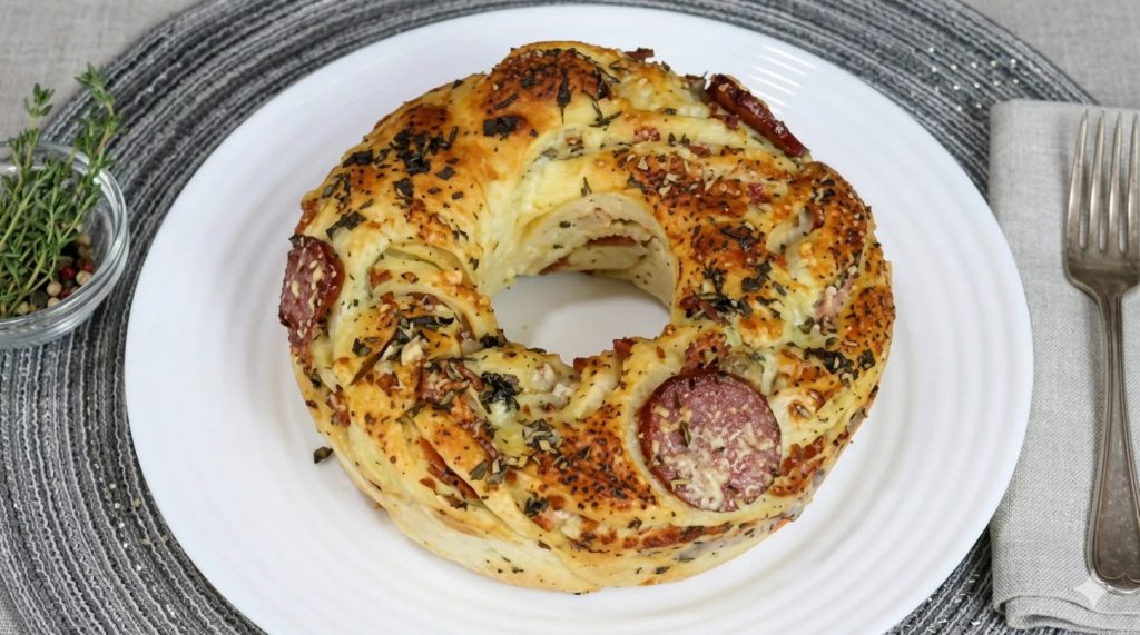 A rosca de calabresa com queijo combina massa fofinha e recheio suculento