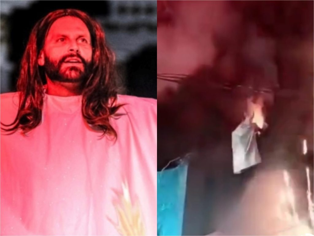 Figurino de Henri Castelli pega fogo durante encenação da Paixão de Cristo