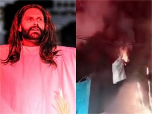Figurino de Henri Castelli pega fogo durante encenação da Paixão de Cristo