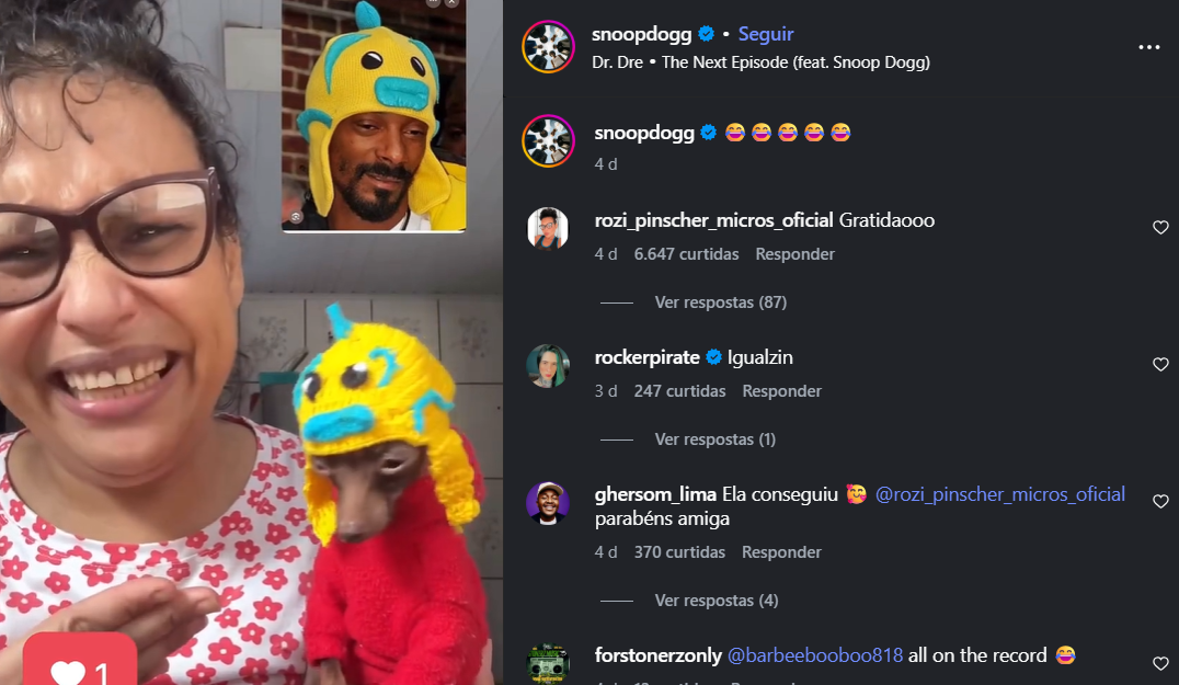 Goiana viraliza após vestir cachorro como Snoop Dogg e receber curtida do rapper