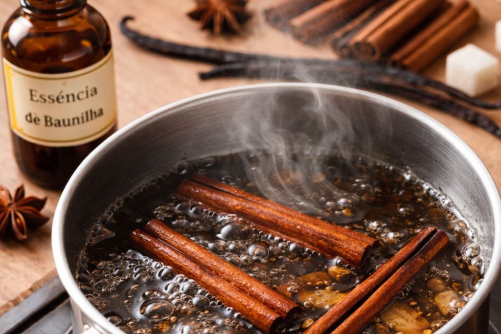 Ferver essência de baunilha com paus de canela
