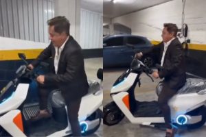 Cantor Leonardo ganha moto elétrica, se assusta e diverte seguidores