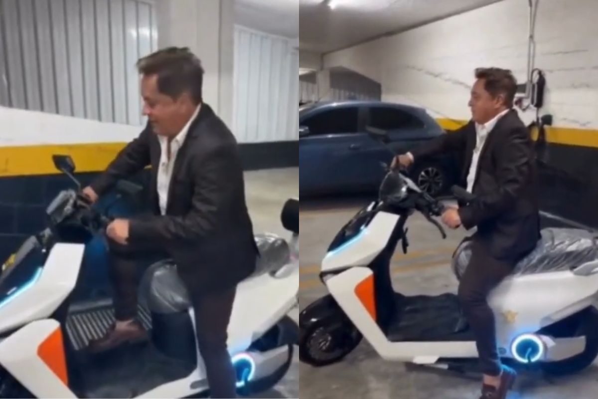 Cantor Leonardo ganha moto elétrica, se assusta e diverte seguidores