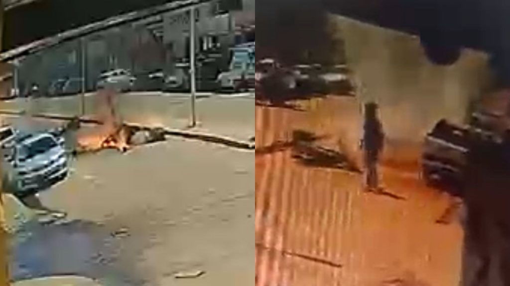 Vídeo registrou quando motocicleta pegou fogo após colisão.