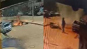 Vídeo registrou quando motocicleta pegou fogo após colisão.