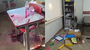 Escola ficou marcada pelo rastro de invasão e destruição.