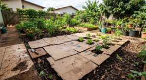 O papelão no jardim ajuda a controlar ervas daninhas e melhora o solo de forma natural