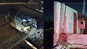 Carro bateu contra mureta após motorista cochilar ao volante.