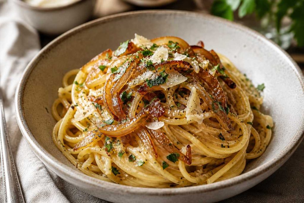 Espaguete com cebola caramelizada: receita deliciosa e diferente para fazer a dois