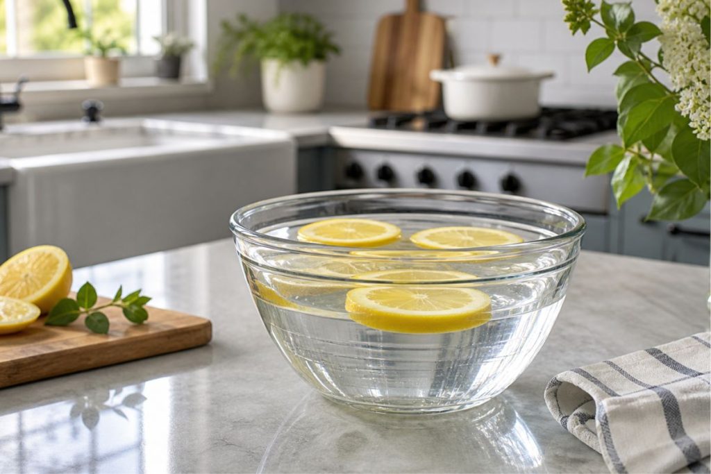 tigela com água e limão na cozinha