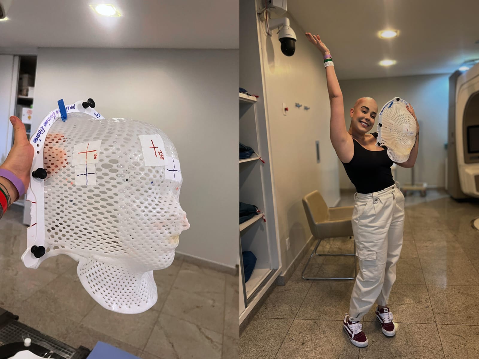 Máscara que Marianna utilizava para as sessões de radioterapia e, à direita, ela na última sessão do tratamento. (Foto: Arquivo Pessoal/Marianna Cândido)