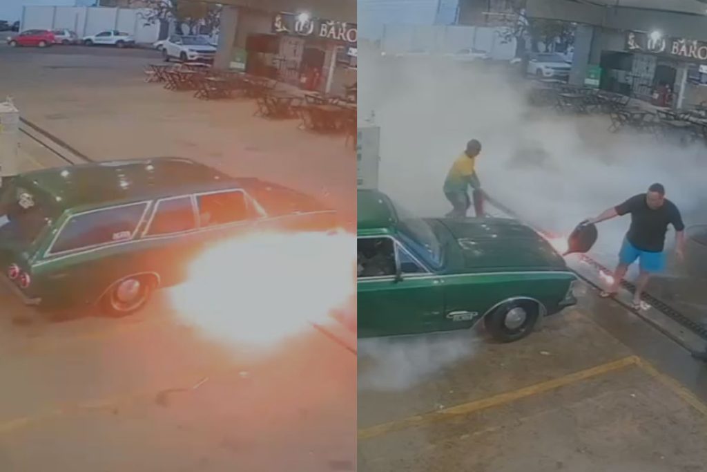 Vídeo mostra princípio de incêndio em carro dentro de posto de combustíveis em Anápolis