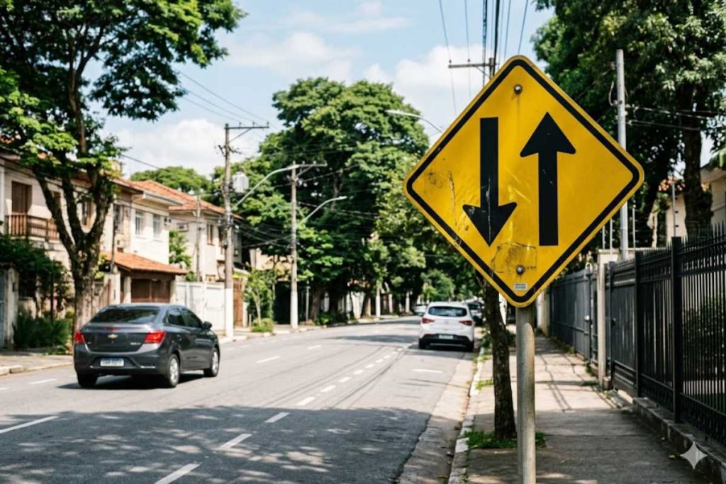 Placa de trânsito com duas setas pretas verticais paralelas apontando para sentidos opostos: o que significa