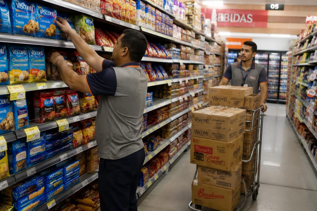 Trabalhador repondo produtos em supermercado
