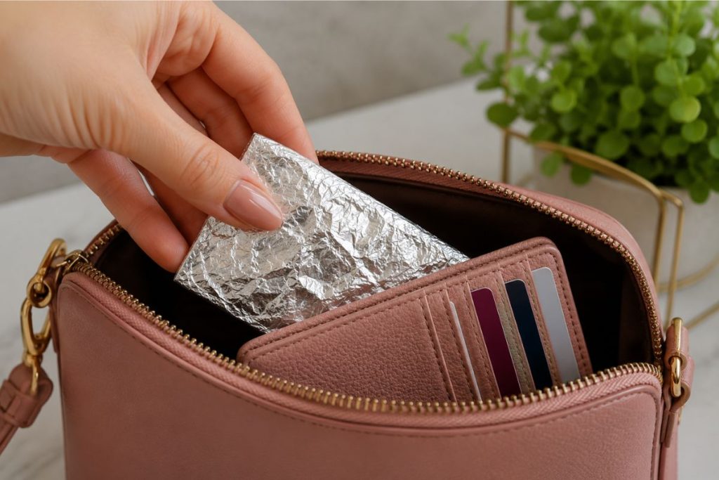 Colocar papel-alumínio na bolsa