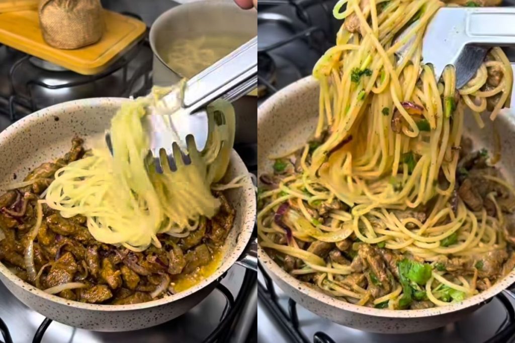 Macarrão na manteiga com tiras de carne
