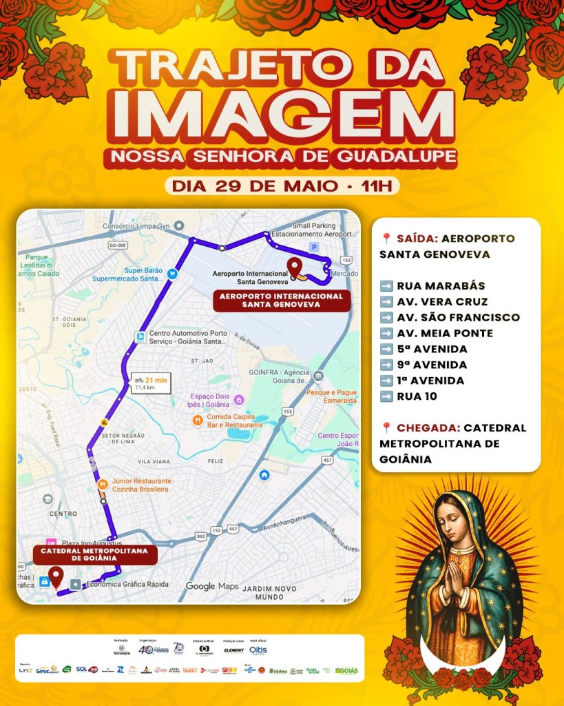 Trajeto da carreata com a imagem de Nossa Senhora de Guadalupe passará por avenidas importantes de Goiânia até a Catedral Metropolitana. (Imagem: Totus Tuus)