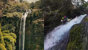 Cachoeira do Maratá tem queda d'água de 55 metros, onde acontece rapel.