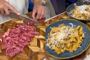 Macarrão com tirinhas de carne e bacon é uma alternativa prática para surpreender no jantar de Dia dos Namorados
