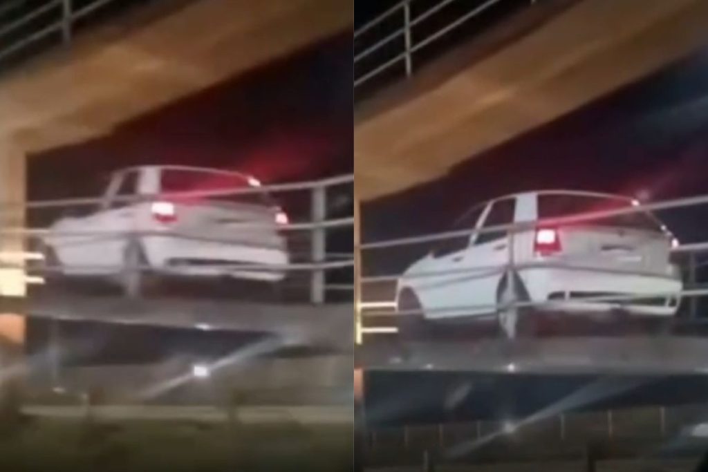 Cena inusitada: carro fica preso ao tentar passar por passarela sobre a BR-060