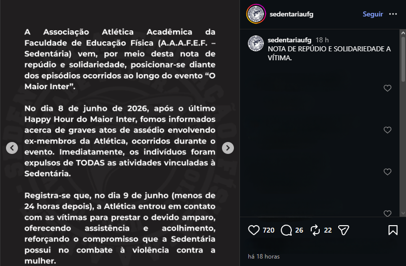 Estudante da UFG relata ter sido abusada após o Maior Inter; caso repercute entre estudantes