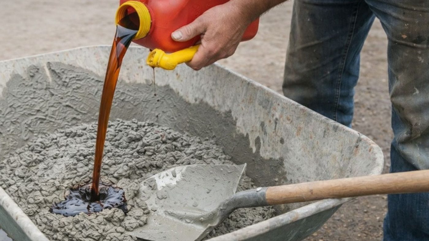 Colocando óleo no cimento, dentro de um carrinho de obra