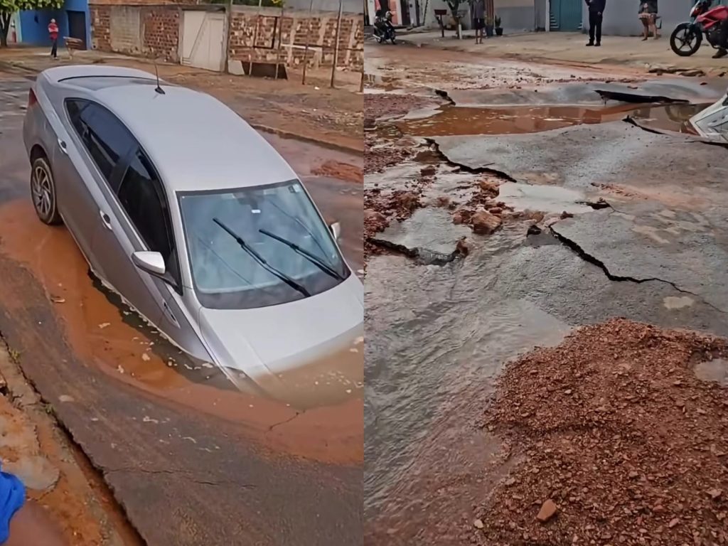 Cratera engole carro de motorista por aplicativo em Aparecida de Goiânia