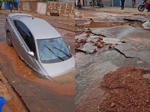 Cratera engole carro de motorista por aplicativo em Aparecida de Goiânia
